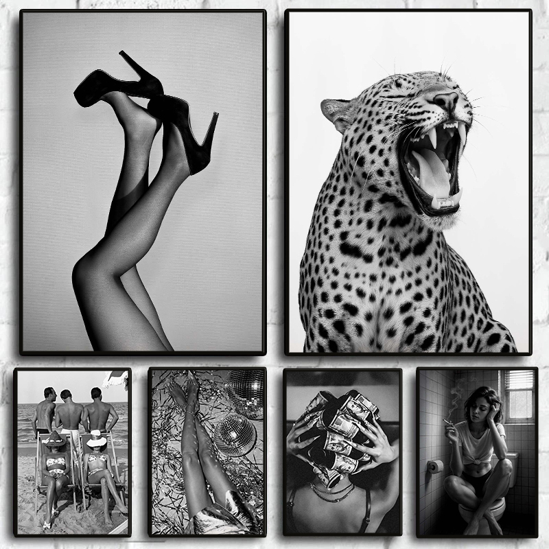 Stylish Fashion Black and White Poster Female Leopard Vintage Canvas Painting Luxury Wall Art Living Room Home Decor Mural
