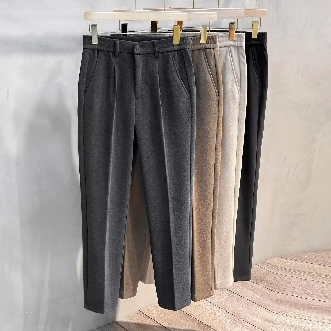 Autumn Winter New Men's Woolen Suit Pants Korean Fashion Slim Straight Elastic Waist Formal Business Tapered Brown Trousers