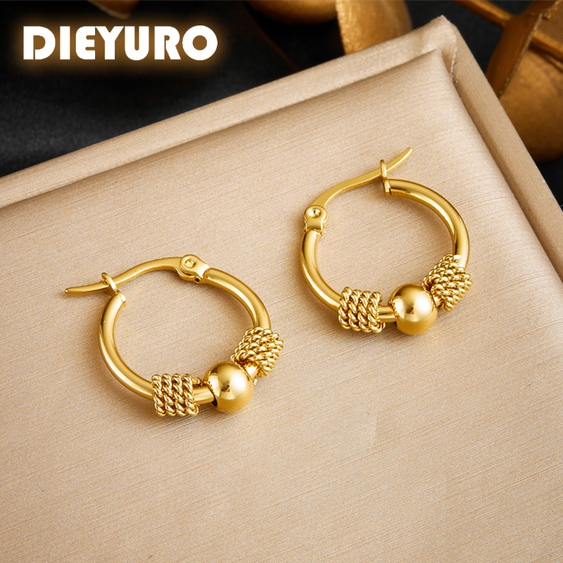 DIEYURO 316L Stainless Steel Golden Hollow Woven Circular Shape Earrings For Womens Fashion 2024 New Ear Jewelry Lady Party