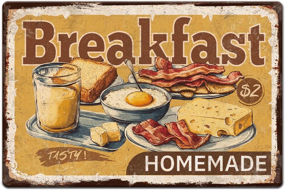 1pc Vintage Metal Tin Signs inch Retro Plaque Breakfast Fried Egg Cheese Bacon Olive with 4 Pre-Drilled Holes