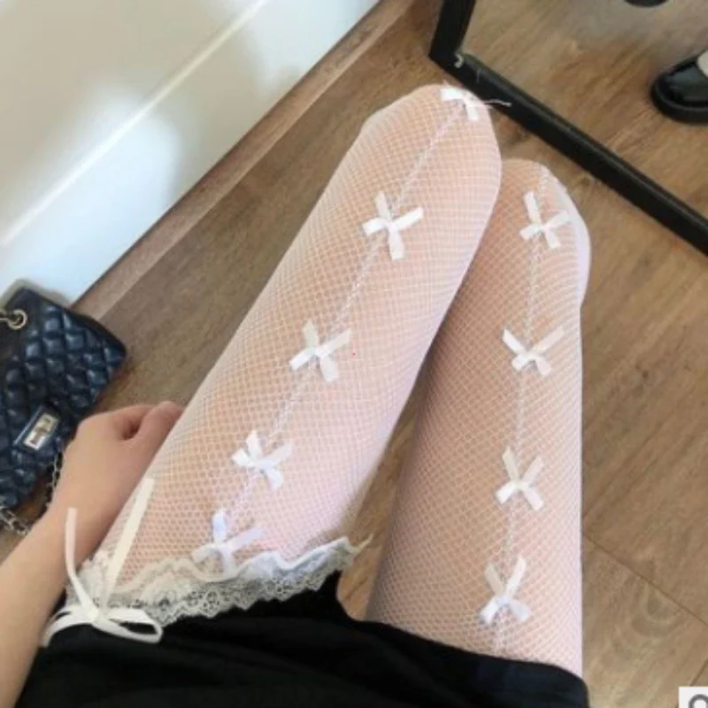 1Piece Thin Pantyhose Hollow Out Pantyhose Lolita Bow Knot Fishnet Stockings Women Spicy Girl Black White Thin Ins Tide Lac