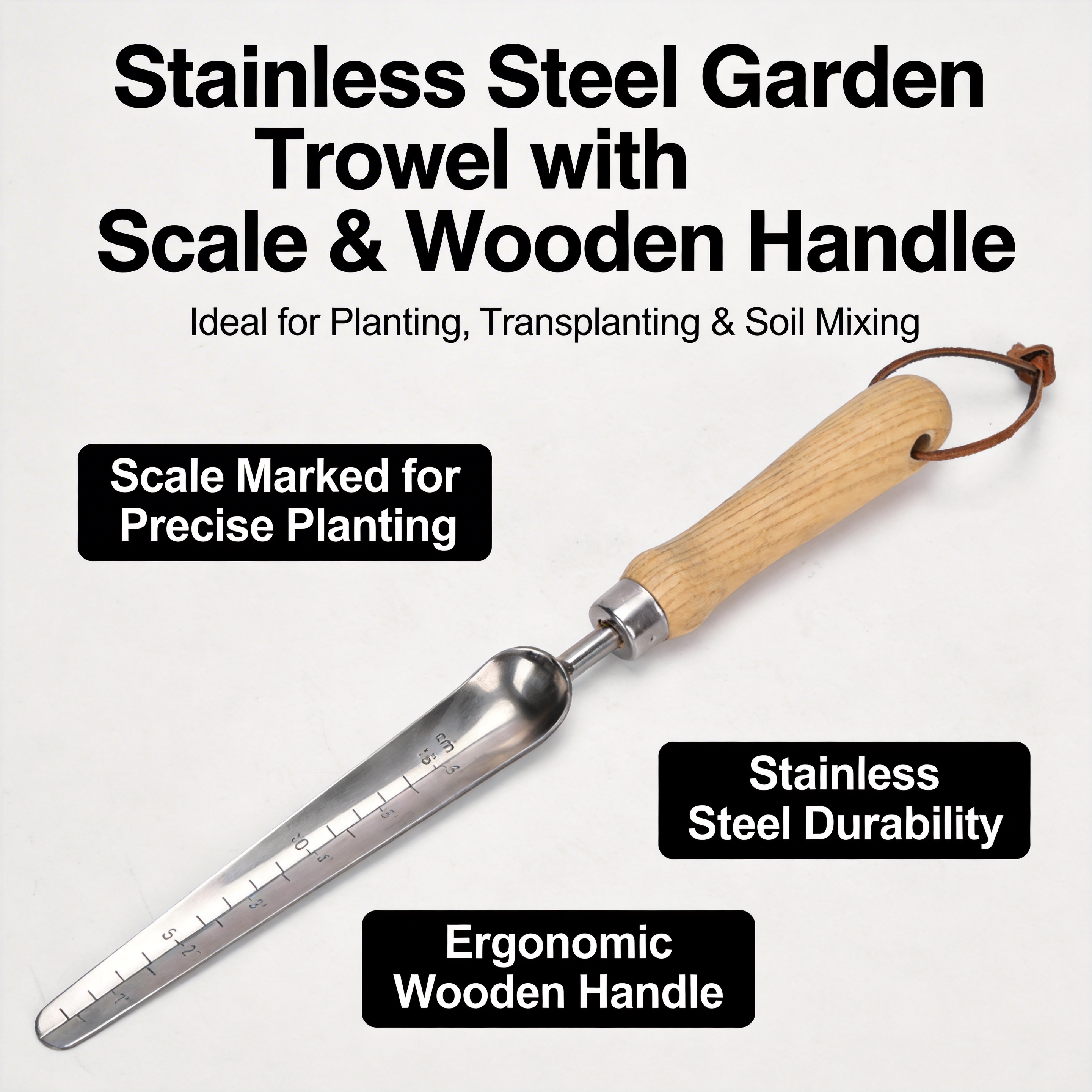 Garden Shovel with Scale - Multipurpose Sturdy Stainless Steel Portable Hand Tool for Gardening and Landscaping
