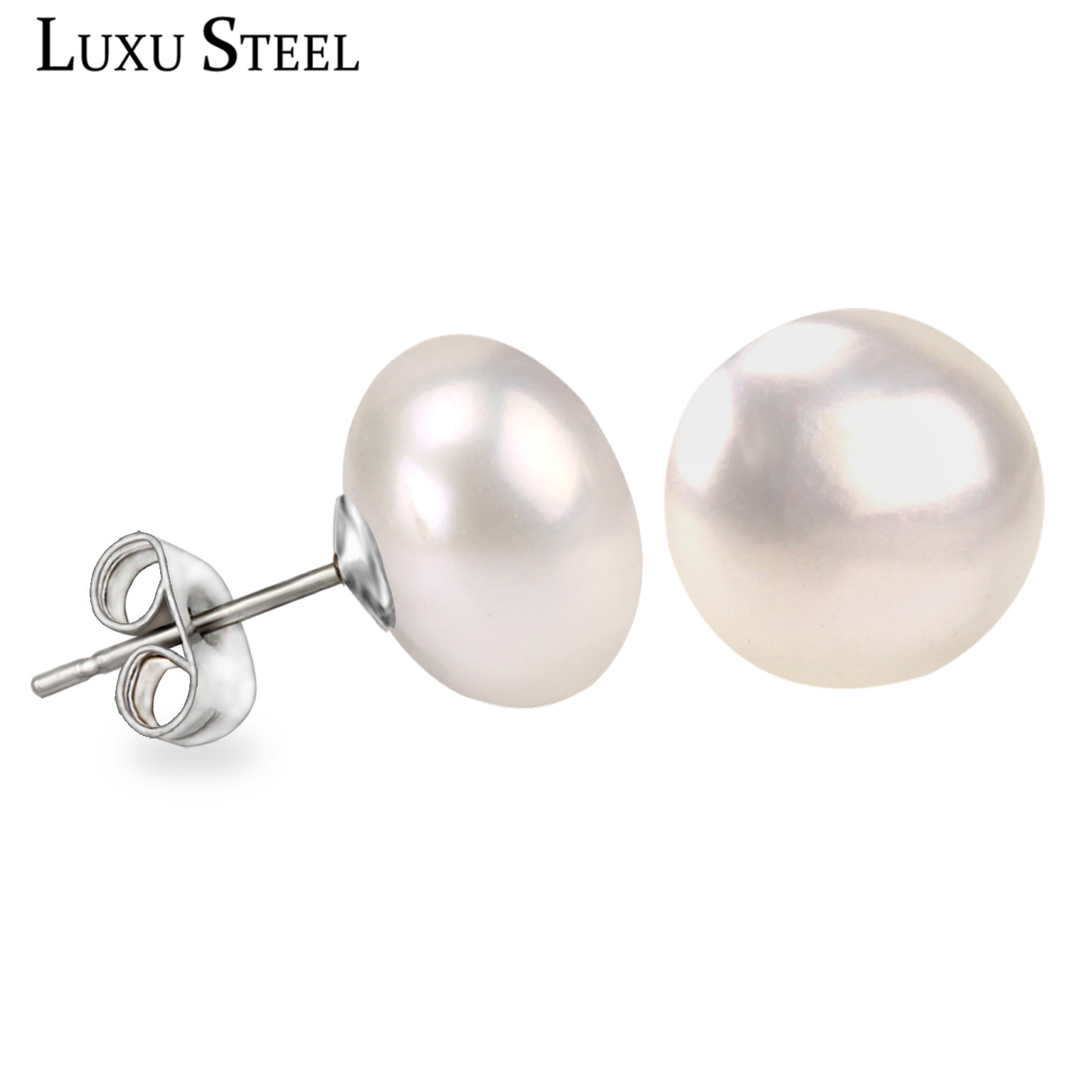 LUXUSTEEL Safety Pin Earrings 6MM Jewelry Palace Fashion Freshwater Cultured Pearl Button Ball Stainless Steel Stud Earrings