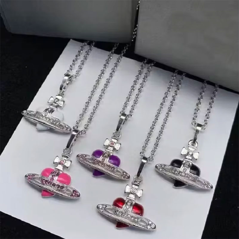 Rhinestone Heart Necklace Stud Earrings for Women Temperament Black Red White Planet Saturn Pendant Earring Fashion Jewelry