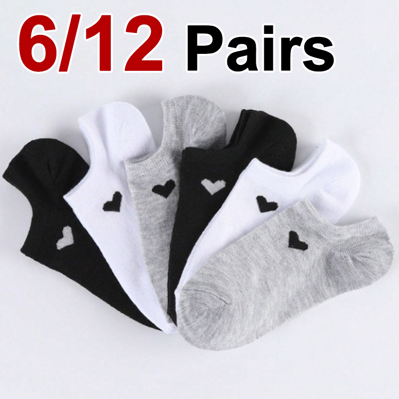 6/12 Pairs Solid Color Heart-Shaped Printed Women Short Socks Summer Breathable Soft Comfortable Simple Style Casual Socks