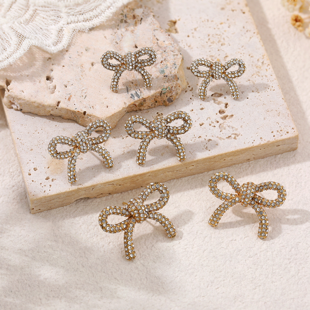 Minimalist Large-Medium-Small Bow Earrings Zircon for Women Girls New Trendy Gold Plated Bowkont Ear Studs Piercing Jewelry