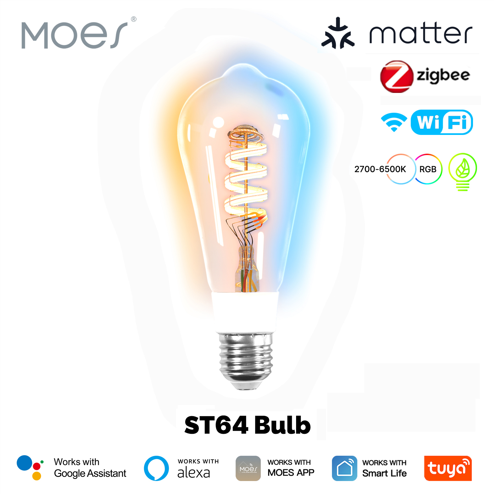 MOES Tuya Smart LED Bulb WiFi/Zigbee/Matter Vintage Edison Filament 16 Million RGB Colors Dimmable Support Alexa Home