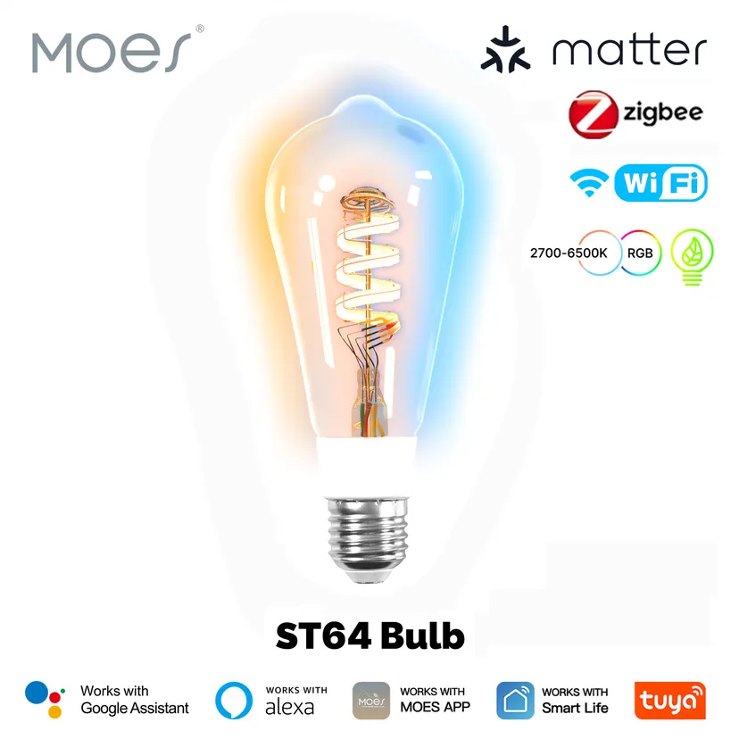 MOES Tuya Smart LED Bulb WiFi/Zigbee/Matter Vintage Edison Filament 16 Million RGB Colors Dimmable Support Alexa Home