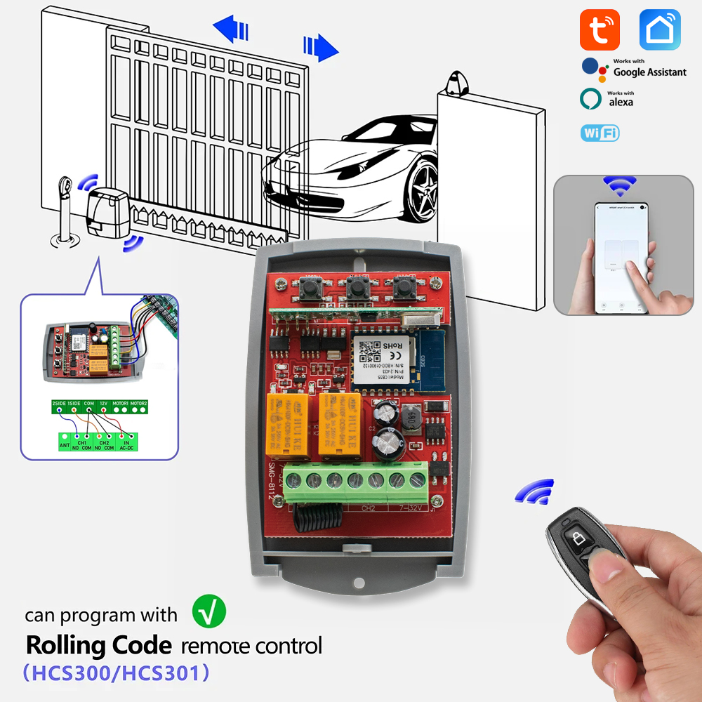 Tuya Wifi Switch / Zigbee Smart Universal Garage Door Receiver Module Relay 2CH 433.92MHz Remote Control Gate Opener Controller