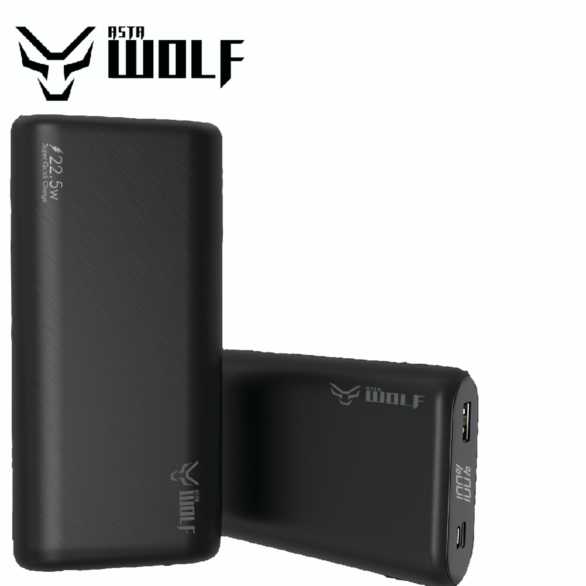 Asta WOLF Proton Ultra | 20000mAh Power Bank | LED Percentage Indicator | 22.5W Output | Super Fast Charging | Slim And Portable | Dual Port USB A + USB C