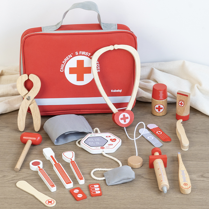 Red Wooden Doctor Toy Set - Imaginative Role Play and Fine Motor Skills for Children Aged 3 and Up Box or Drawstring Bag