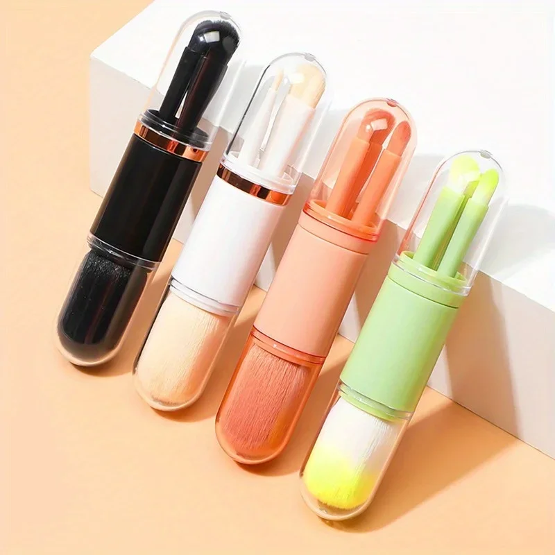 4-piece mini travel makeup brush set retractable base, eye shadow brush portable, compact easy to clean facial makeup brush set