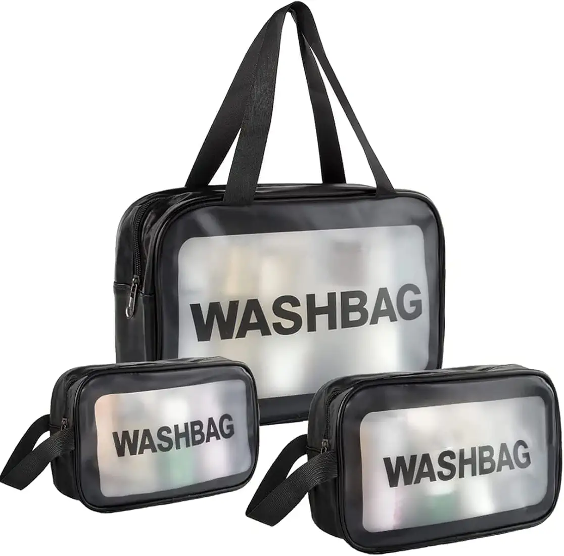 Travel Makeup Bag, Waterproof Cosmetic Bag Clear PU Zippered Makeup Bag Large Portable Toiletry Wash Bag Toiletry Organizer for Travel Women and Kids, 3 pcs Set