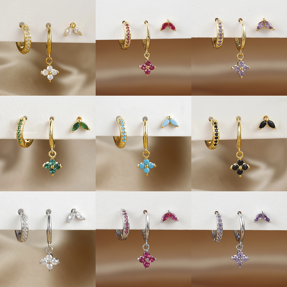 3PCS Stainless Steel Zircon Flower Pendant Hoop Earrings Set for Women Simple Small Gold Color Cartilage Piercing Jewelry aretes pen gpt