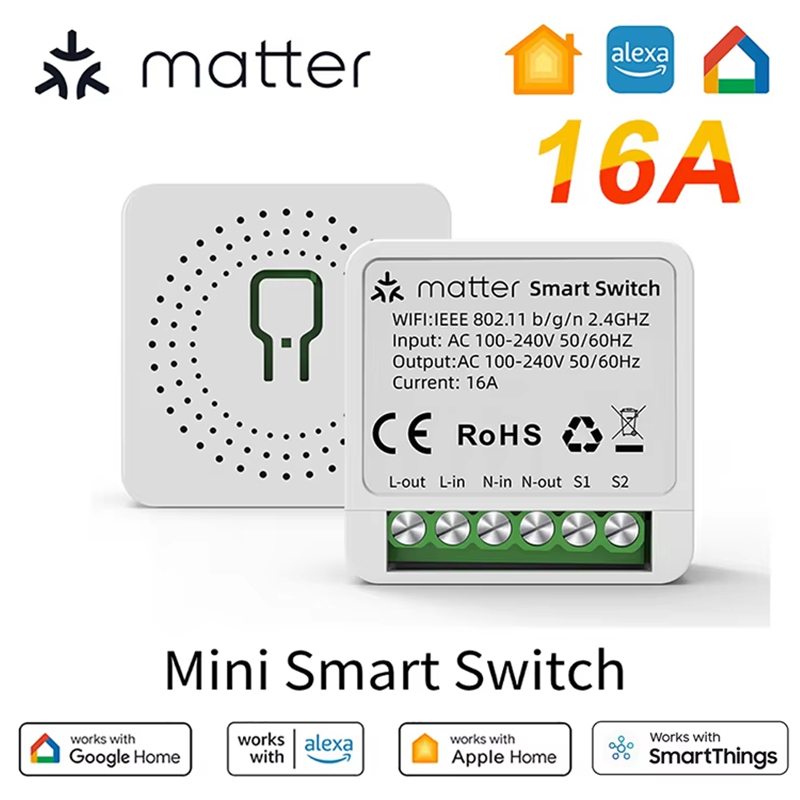 Matter WiFi Smart Switch 16A Smart Home Light Switch Relay Module Voice Control Work with Alexa Homekit Smartthings Tuya