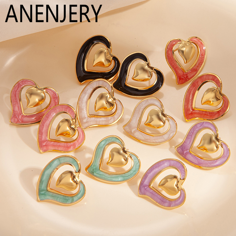 ANENJERY 316L Stainless Steel Double Heart Colorful Stone Earrings For Women Special Luxury Design Lady Wedding Jewelry s