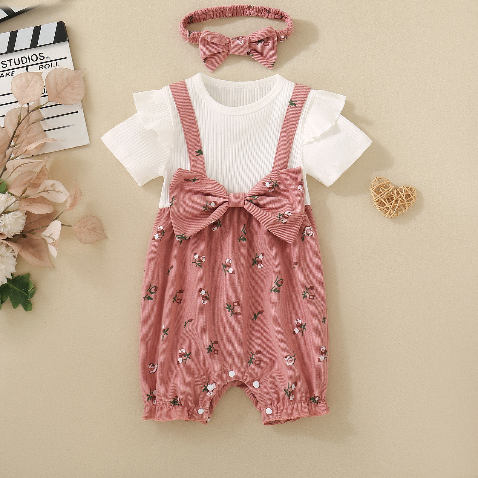 Summer female infant floral print short-sleeved overalls and bow headgear