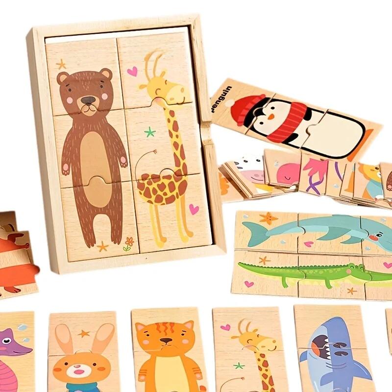 DIY Cartoon Animal Jigsaw Puzzle Word Animal Cognition Pairing Montessori Educational Toys For Children Kids