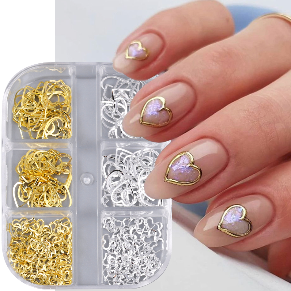 1 Box Golden Hollowed Love Heart Nail Art Charm Metal Silver Heart-Shaped Nail Accessories Valentine's Manicure Decor Supplies