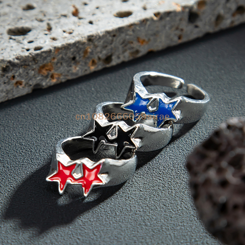 1 Pc Vintage Black Drip Oil Pentagram Star Open Rings For Women Men Hip Hop Rock Metal Star Adjustable Couple Rings Jewelry