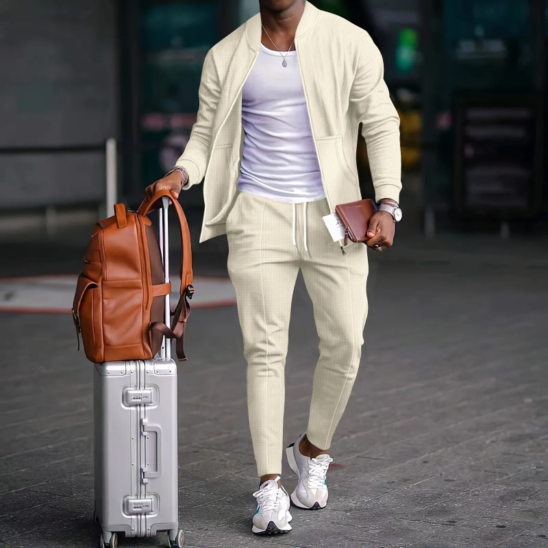 2025 new spring and autumn men stand collar solid color baseball casual Waffle full pants two men's suit men's wear