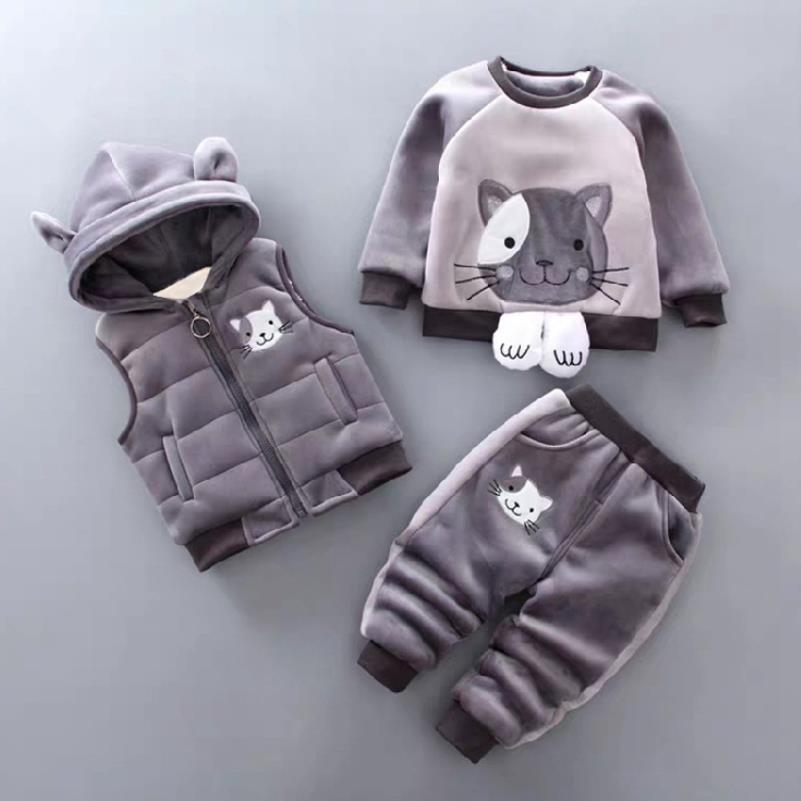 Children's Autumn and Winter Set 2024 Boys and Girls Cartoon Plush Coat+Hooded Vest+Pants Set Baby Warm Three Piece Set 0-4Y
