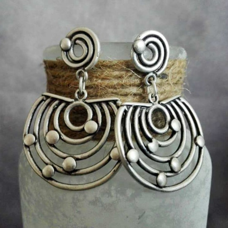 Antique Silver Plated Stud Dangle Earrings, Boho Chic Spiral Earrings, Bohemian Jewelry