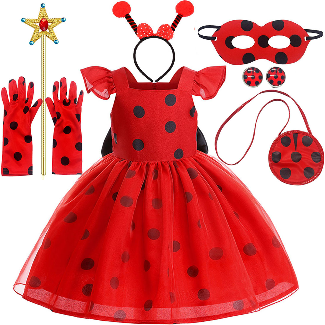 2025 Polka Princess Ladybug Black Red Dots Girl's Dress Children Puffy Dress Halloween Girl Role-Playing Performance Costume Set