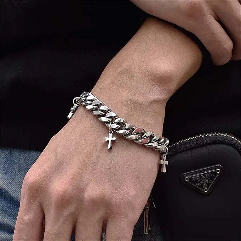 Titanium Steel Cross Cuban Bracelet Men And Women Fashion Brand Retro Cold Wind Hip Hop Couples Hand Accessories Niche