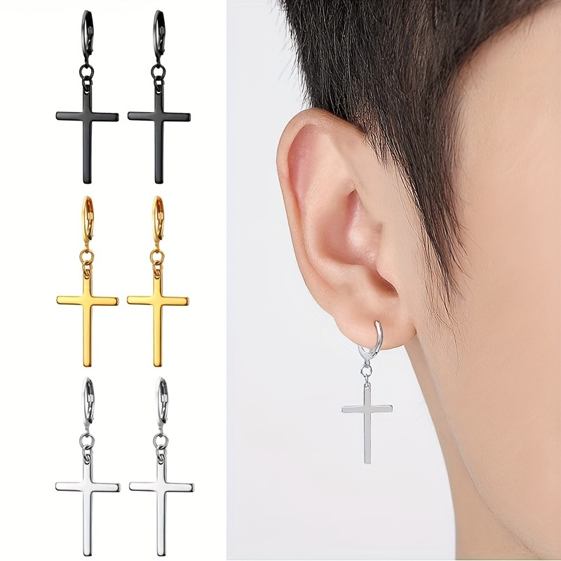 2pcs Fashion Punk Hip Hop Gothic Unisex Simple Stainless Steel Cross Pendant Earrings For Men Women Daily Wear Jewelry pen gpt