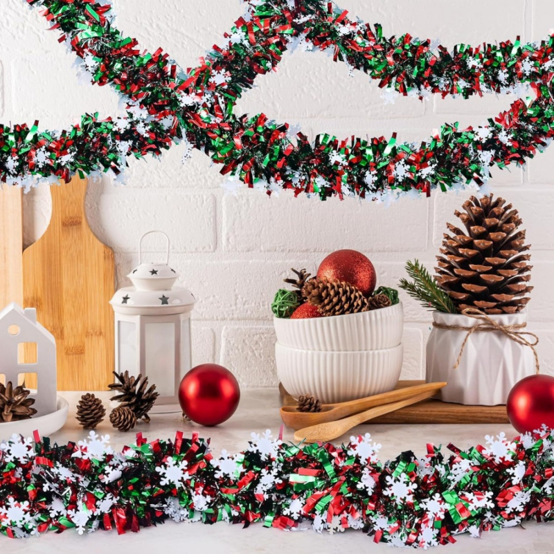1pc Christmas Decoration Ribbon Red White Green Snowflake Party Tinsel Garland Home Store Dining Table Decoration Ornament