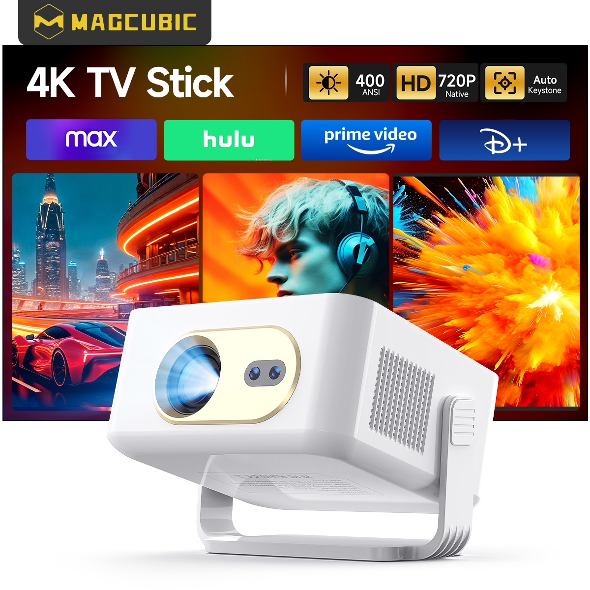 Magcubic HY300GT 4K TV Stick Projector 400 ANSl Android 14 Home Theater Smart HD Beamer Auto Focus Projector