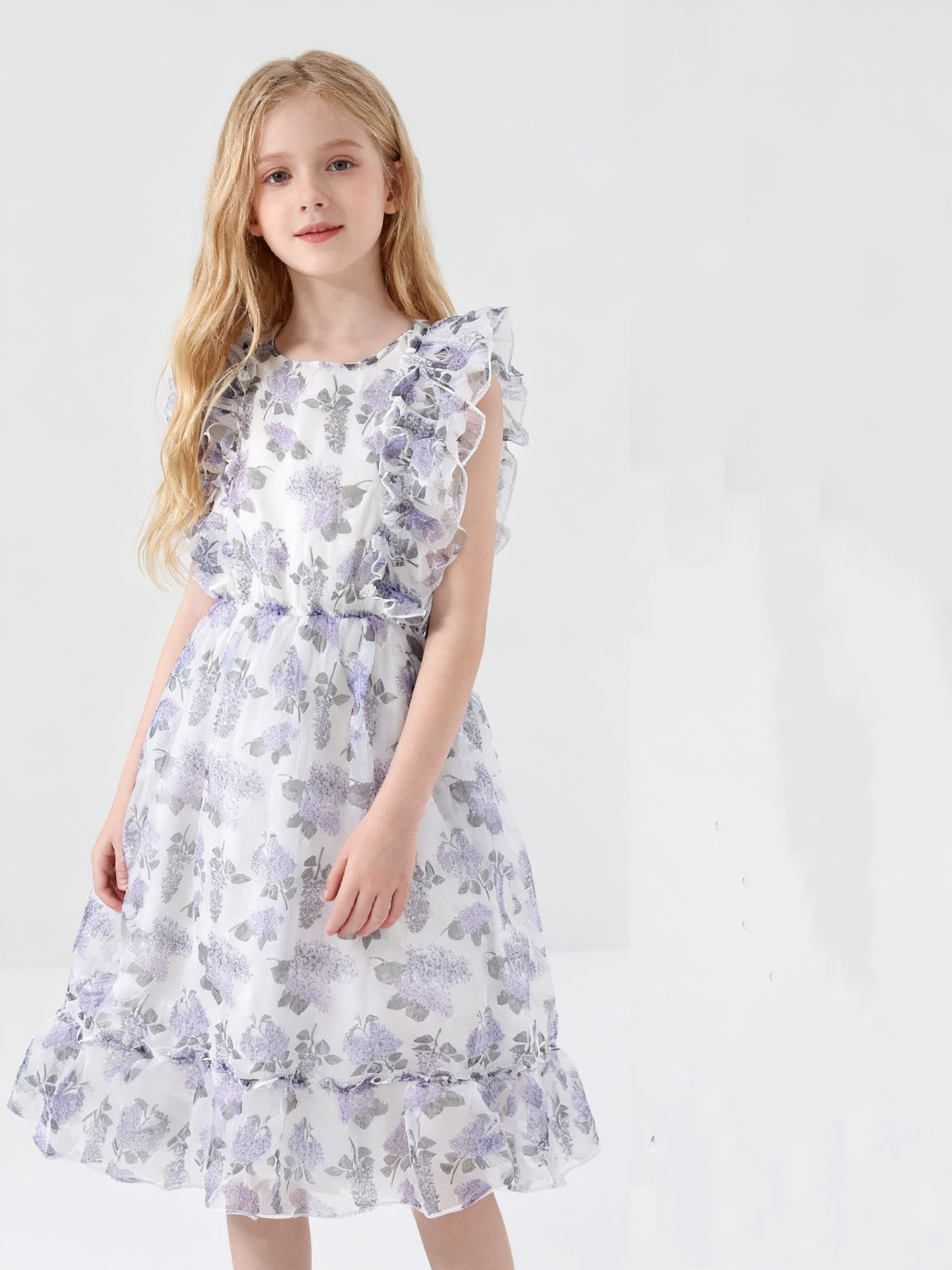 Summer Girls' Sweet Flower Print Ruffled Sleeveless Mesh Skirt French Waist Cinching Dress