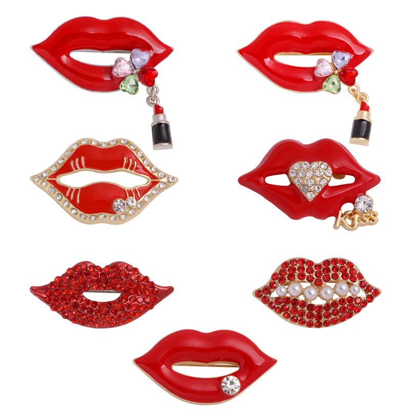 Hot temptation red lips female luxury brooch shiny crystal temperament upscale kiss pin personalized clothing jewelry