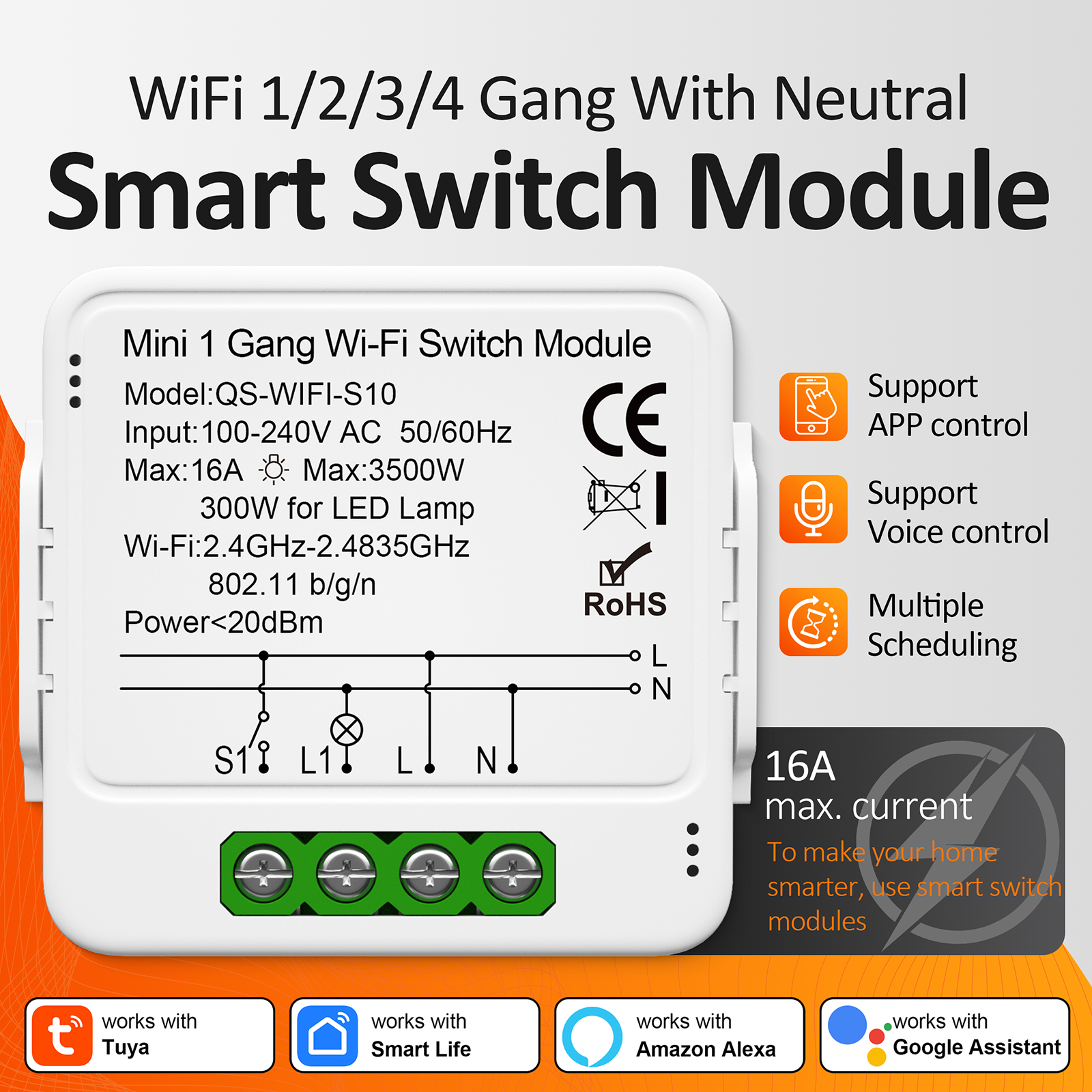 Tuya 16A WiFi 1/2/3/4 Gang Mini Smart Switch Module Smart Home DIY Light Breaker Works with Alexa Home