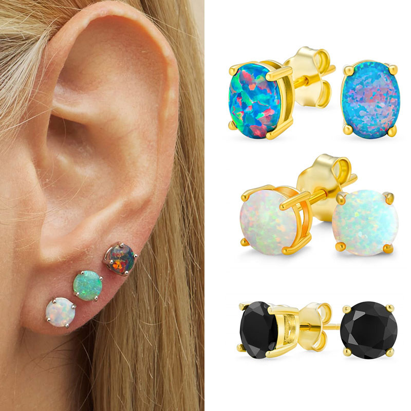 1Pair Opal Stud Earrings - Elegant and Stainless Steel Jewelry with 18K Gold Plating - Exquisite for Men and Women