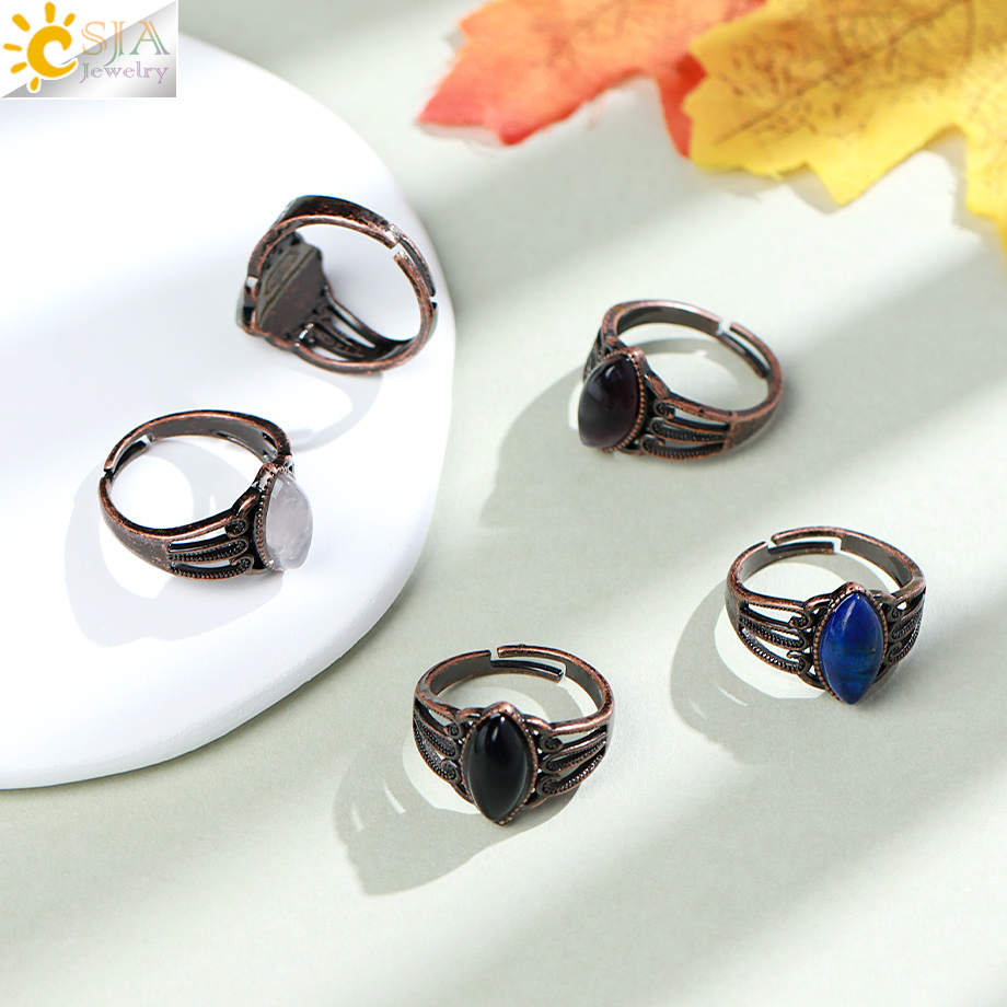 Adjustable Gem Stone Ring Vintage Horse Eye Crystal White Crystal Amethysts Obsidian Tiger Eye Finger Rings for Men Women H507