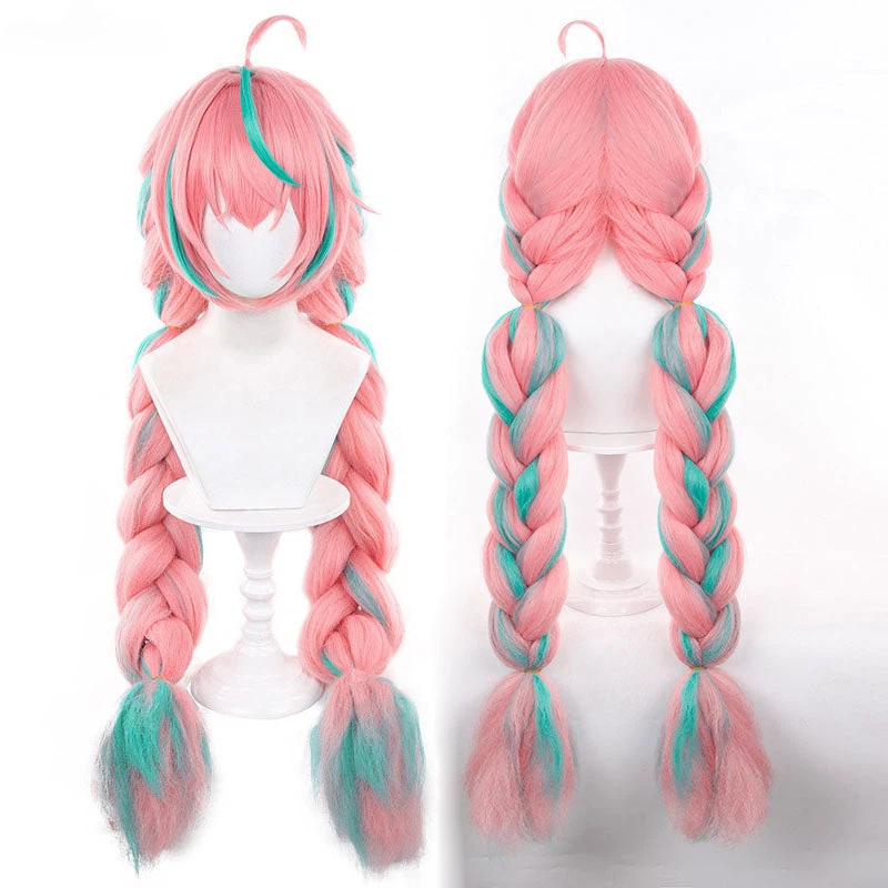 High Quality Varesa Cosplay Wig 100cm Long Braided Pink Green Mixed Heat Resistant Synthetic Hair Anime Cosplay + Wig Cap
