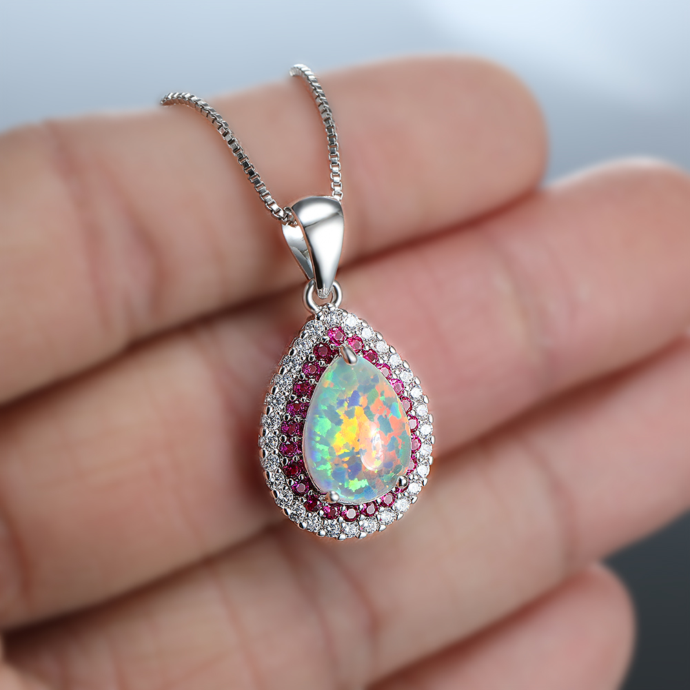 White Fire Opal Big Water Drop Stone Pendant Necklaces for Women Vintage Silver Color Chain Rose Red Blue Zircon Wedding Jewelry