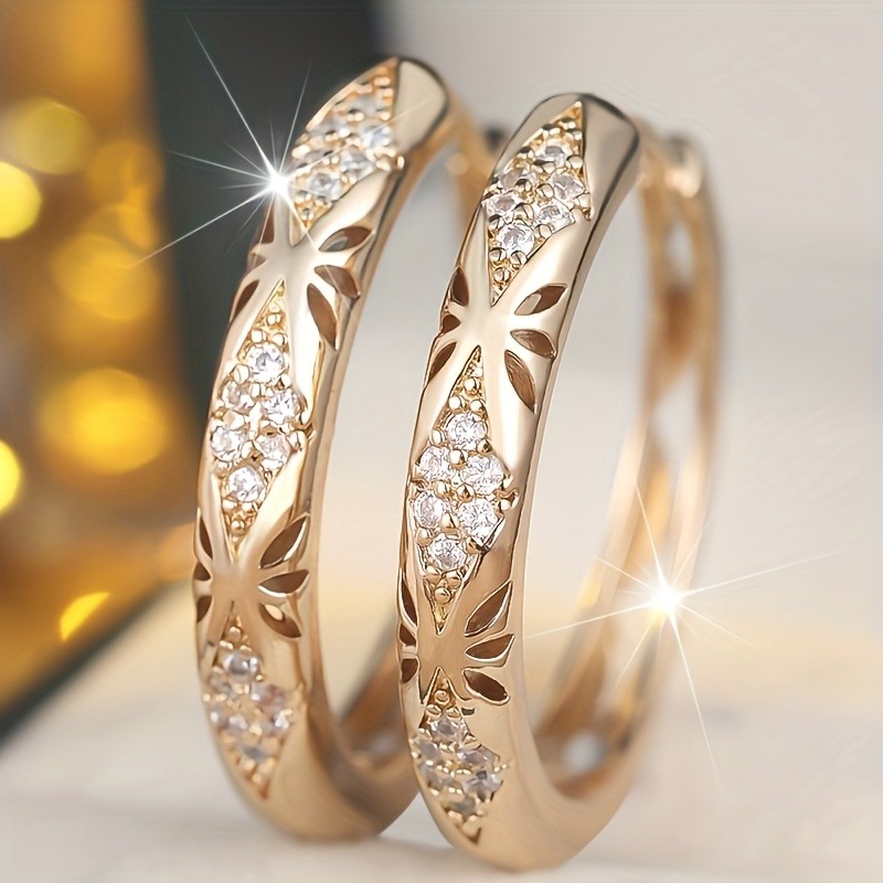 1pair Luxury Trendy Women Hoop Earrings Hollow Out Design Wedding Party Elegant Jewelry Gold Color Inlaid Cz Jewelry Accessories