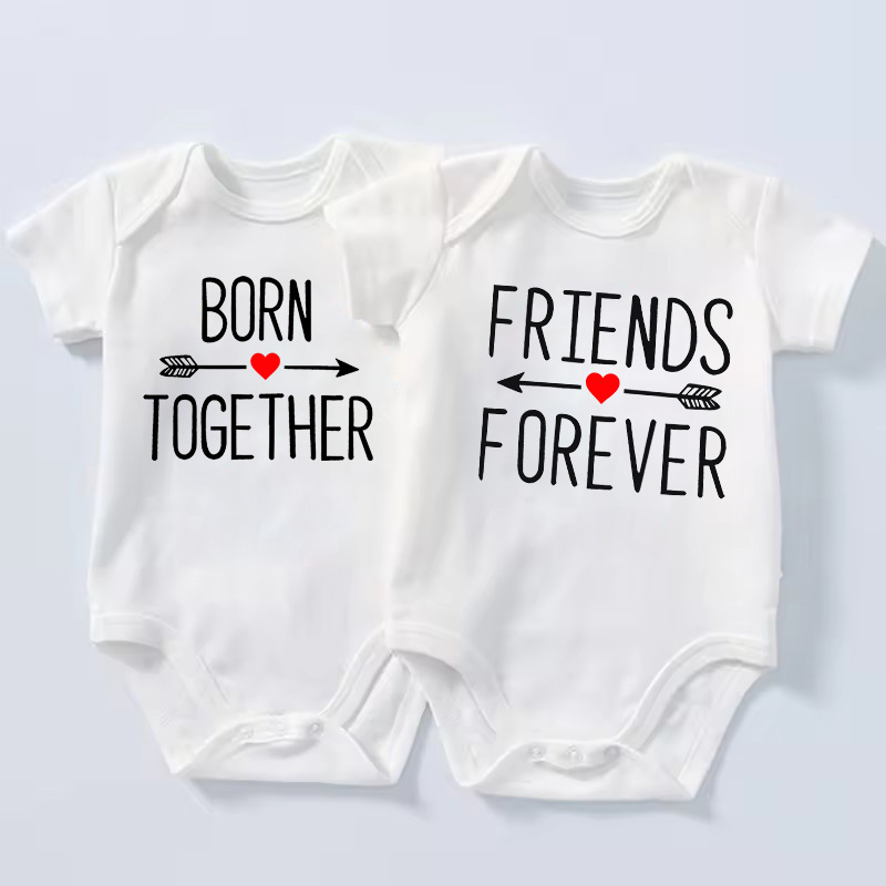 1Pc Born Together and Friends Forever Newborn Clothes Summer Short Sleeves Rompers Twins Baby Bodysuits Toddler Onesie