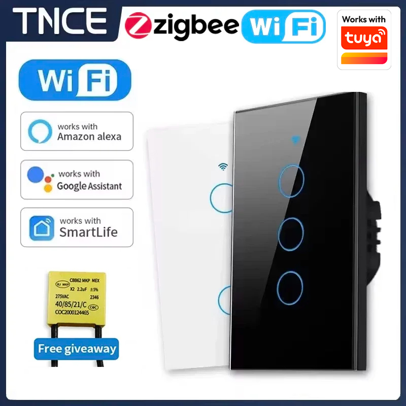 TNCE Tuya US WiFi or zigbee Smart Wall Switch 1/2/3/4 Gang Wire Touch Sensor LED Light Switches Smart Home Alexa Home