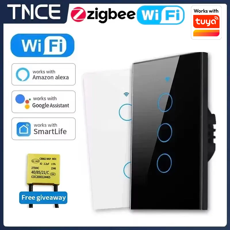 TNCE Tuya US WiFi or zigbee Smart Wall Switch 1/2/3/4 Gang Wire Touch Sensor LED Light Switches Smart Home Alexa Home