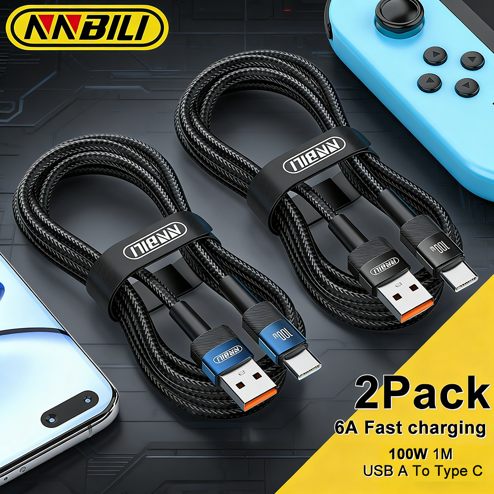 NNBILI 2PCS USB A to Type C Cable 6A 100W PD Fast Charging Charger USB A to USB C Wire For POCO Macbook iPad 1M/2M