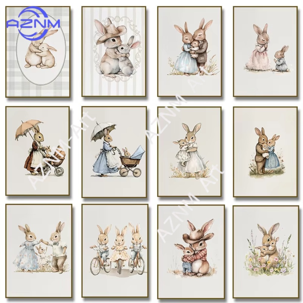 1PC ，Antique Family Mom and 2 Kids Rabbit Illustration Poster Vintage Bunny Canvas Painting Print Nursery Farmhouse Room Decor