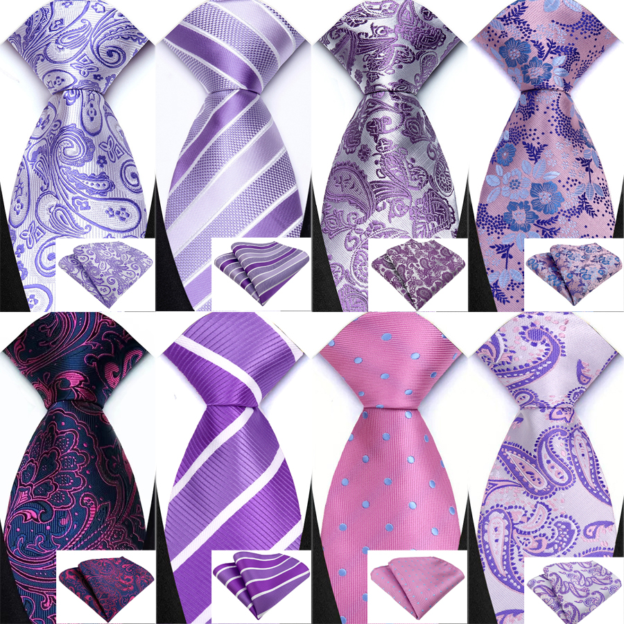 Fashion Men's Tie Set 8cm Solid Stripes Paisley Light Purple Wedding Ties For Men New Design Hight Quality Necktie Hanky Set