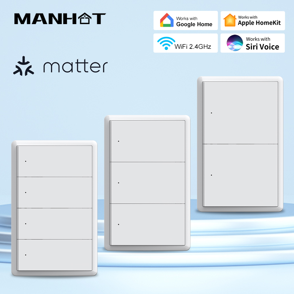 Matter WiFi Smart Push Button Switch 1-4 Gang US No Neutral Wire Homekit Siri Voice Control Work with Tuya Alexa Home