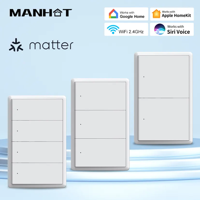 Matter WiFi Smart Push Button Switch 1-4 Gang US No Neutral Wire Homekit Siri Voice Control Work with Tuya Alexa Home