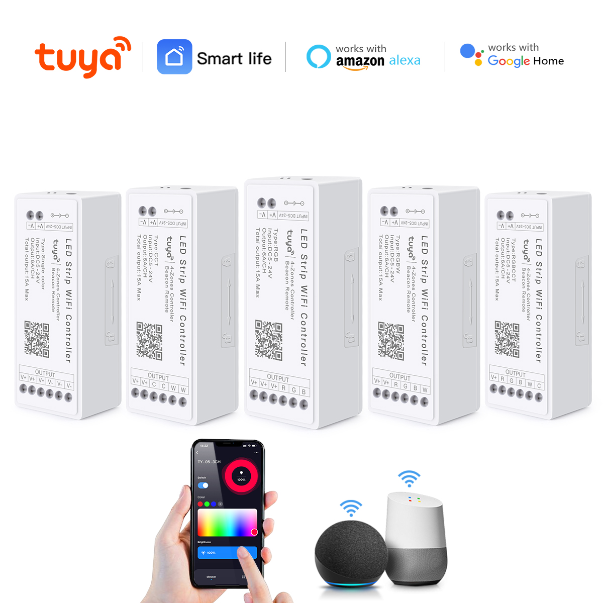 WiFi LED Controller DC12V-24V Tuya Single Color CCT RGB RGBW RGBCCT Tape Light APP & Voice Control Bluetooth for Smart Home