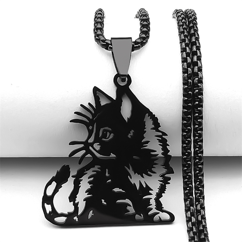Cute Cat Kitty Animal Hollow Pendant Necklace for Women Men Stainless Steel Gold Color Chain Pet Lover Jewelry Collar